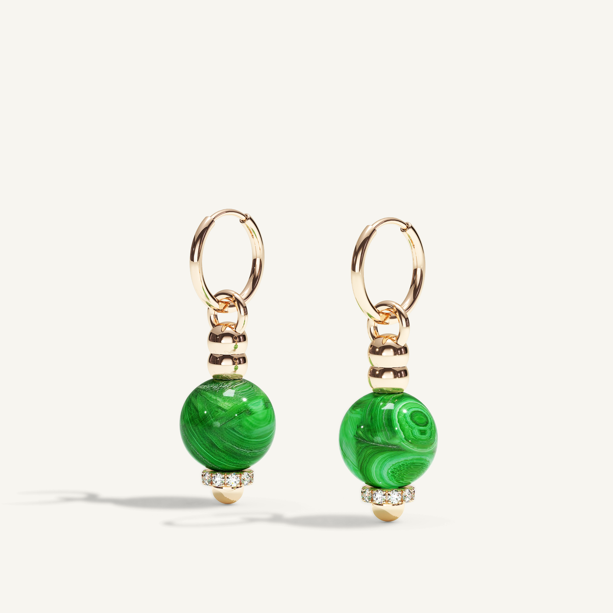 Barbelle Creole Ear Pendants – malachite, angled view