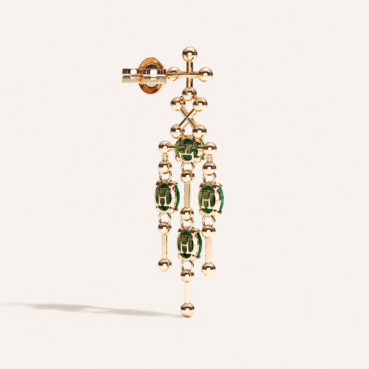 Barbelle Chandelier Ear Pendants — Malachite, back view