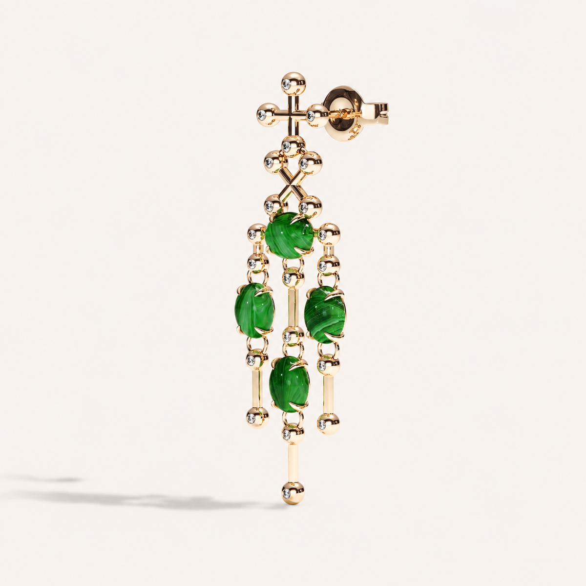 Barbelle Chandelier Ear Pendants — Malachite, three-quarter view