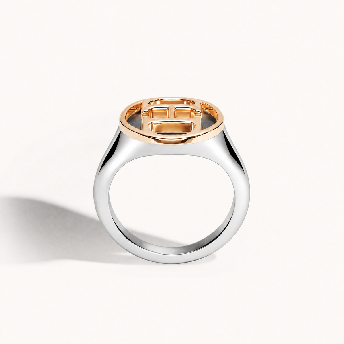 AHO Monogram Ring, polished sterling silver and 18K gold, back view
