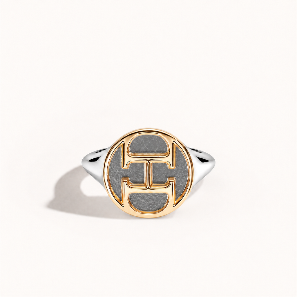 AHO Monogram Ring, polished sterling silver and 18K gold, front view