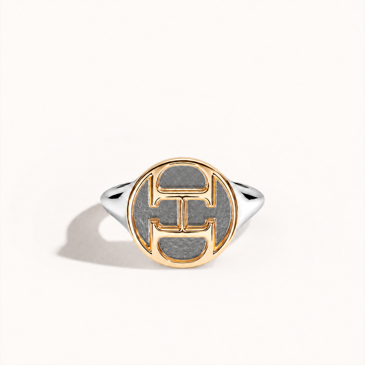 AHO Monogram Ring, polished sterling silver and 18K gold, front view