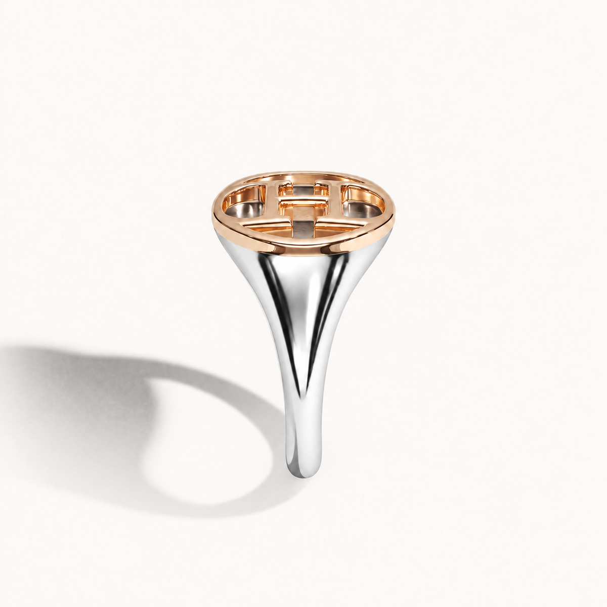 AHO Monogram Ring, polished sterling silver and 18K gold, side view