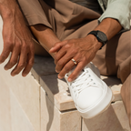 ARCADIA 5 mm — male model wearing 18K rose gold wedding band, original photograph