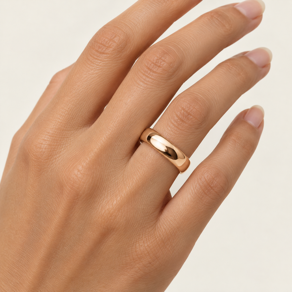 ARCADIA 6 mm — woman wearing an 18K rose gold wedding band, AI model illustration