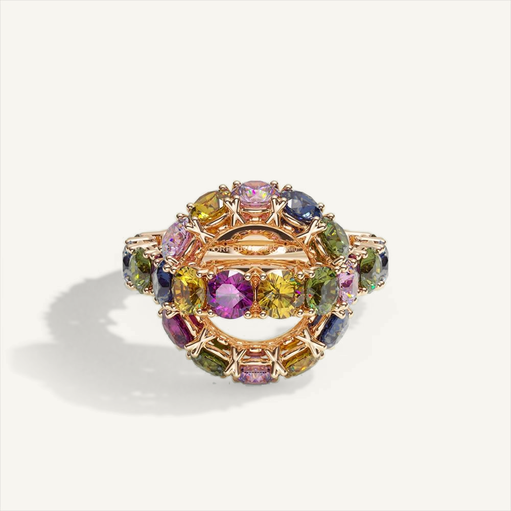 Arch Ring Rainbow in 18K rose gold with rainbow sapphires – view 1