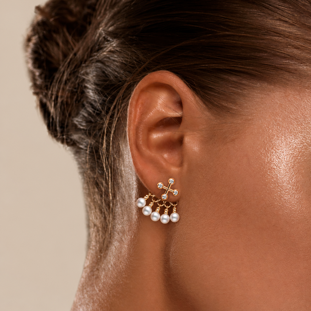 Barbelle Backdrop Ear Studs – Akoya Pearl – on-model