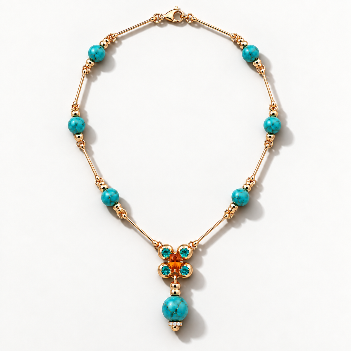 Barbelle Arizona Turquoise, Paraíba Tourmaline & Mandarin Garnet Necklace — Full necklace laid flat