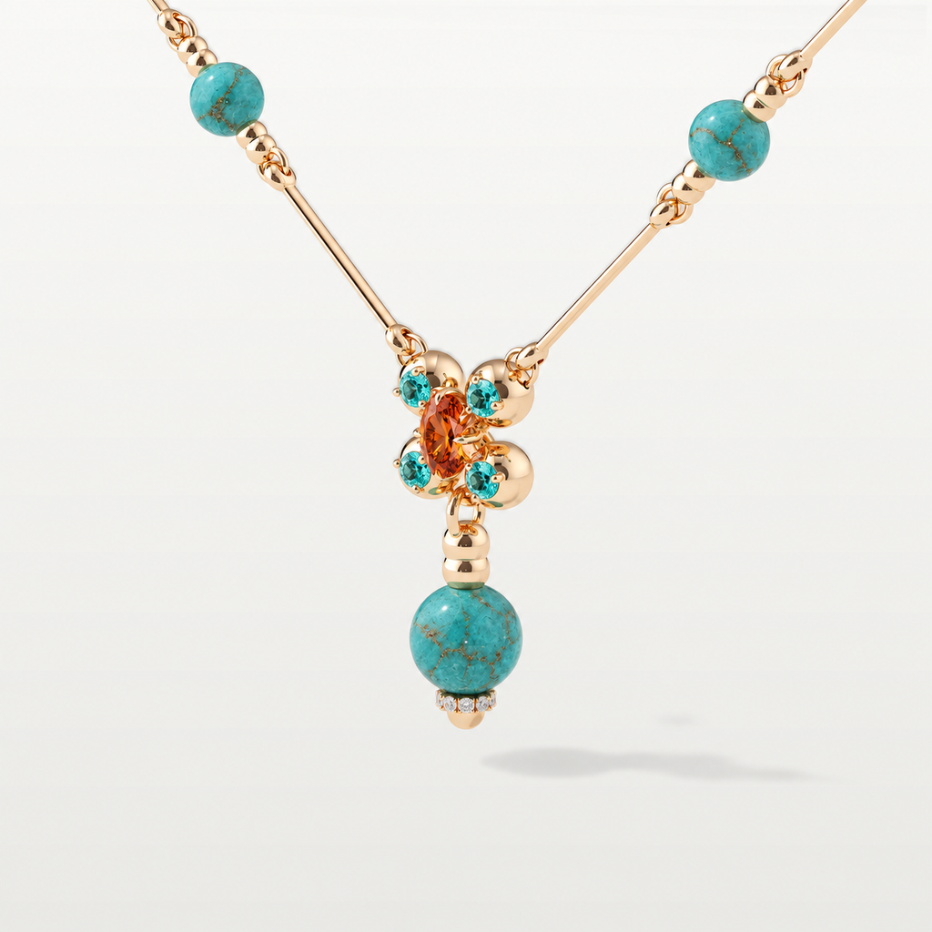 Barbelle Arizona Turquoise, Paraíba Tourmaline & Mandarin Garnet Necklace — Angled view 2