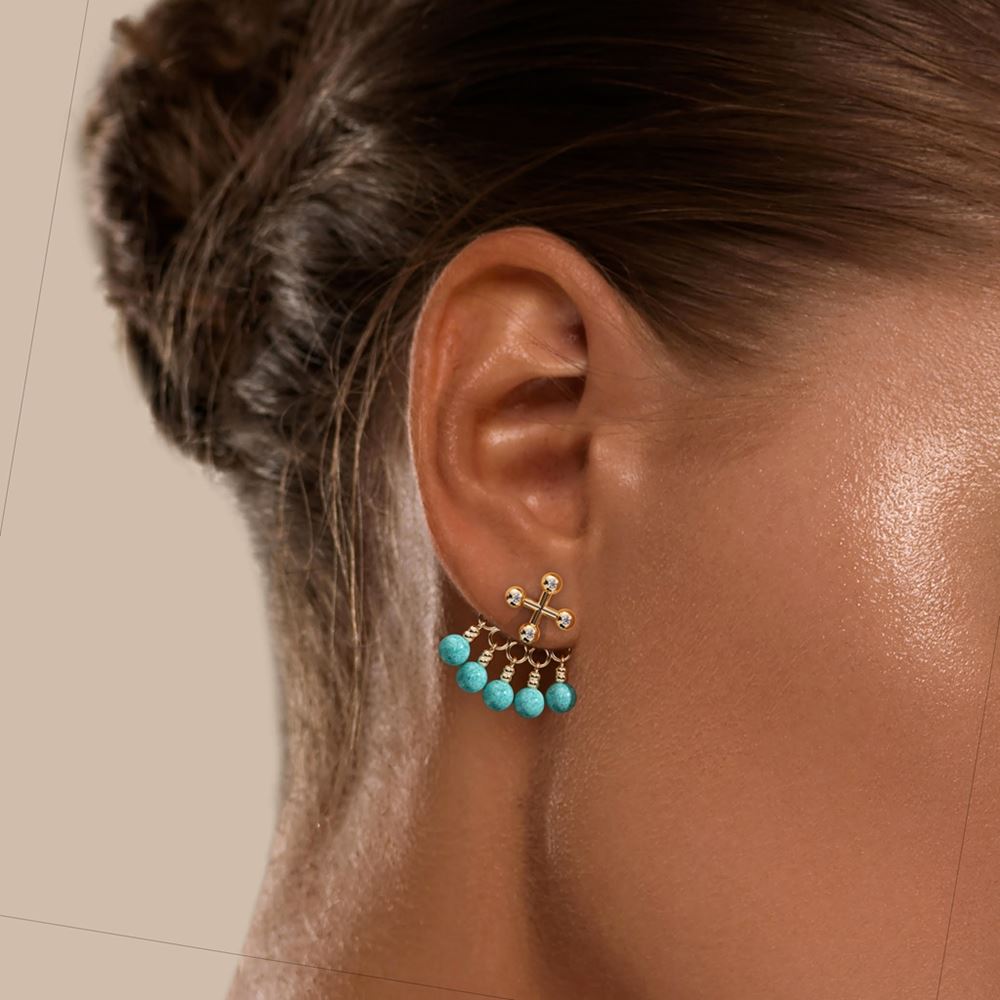Barbelle Backdrop Ear Studs – Turquoise – on-model