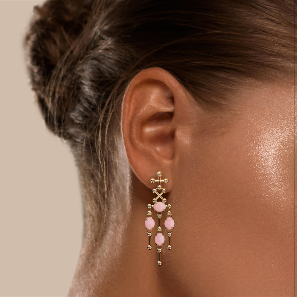 Barbelle Chandelier Ear Pendants — Pink Opal, on model