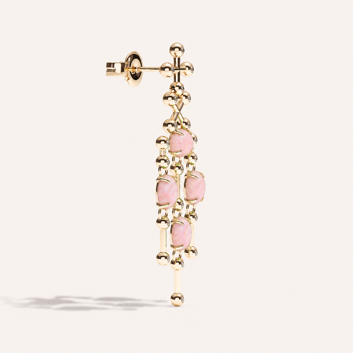 Barbelle Chandelier Ear Pendants — Pink Opal, side view