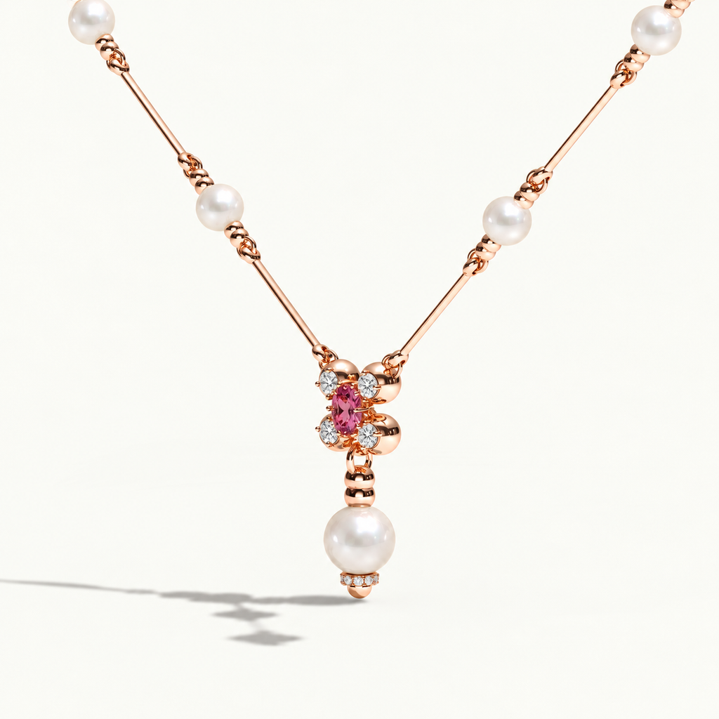 AI-rendered Barbelle rose gold necklace with white South Sea pearls, pink tourmaline and four diamonds — opposite side view P2