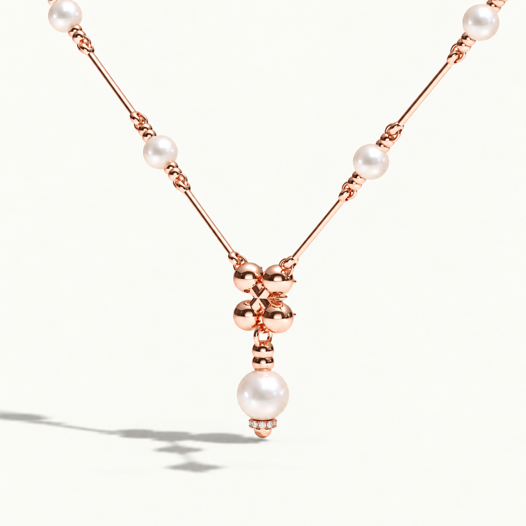 AI-rendered Barbelle rose gold necklace with white South Sea pearls — rear view P3