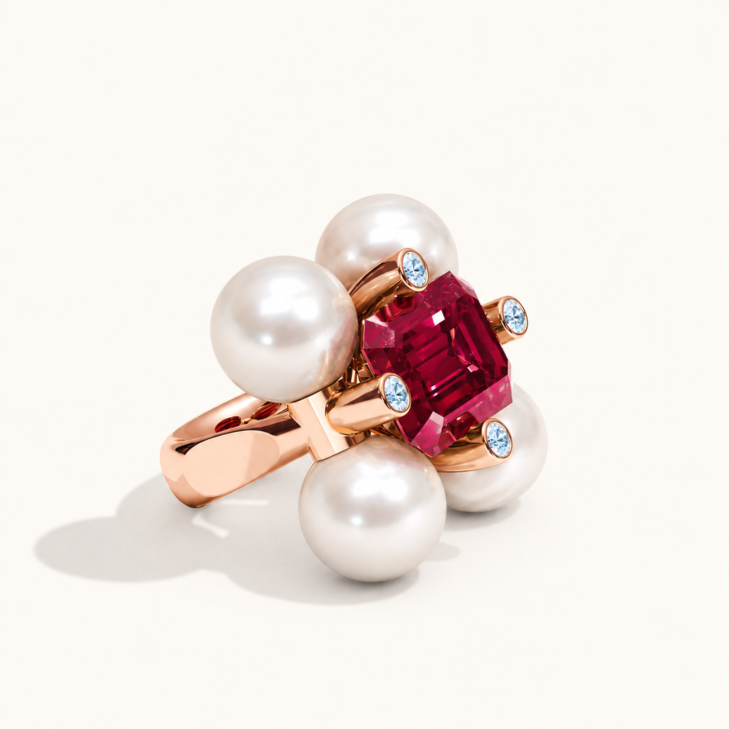 Barbelle rubellite, South Sea pearls and ice-blue diamonds — three-quarter view