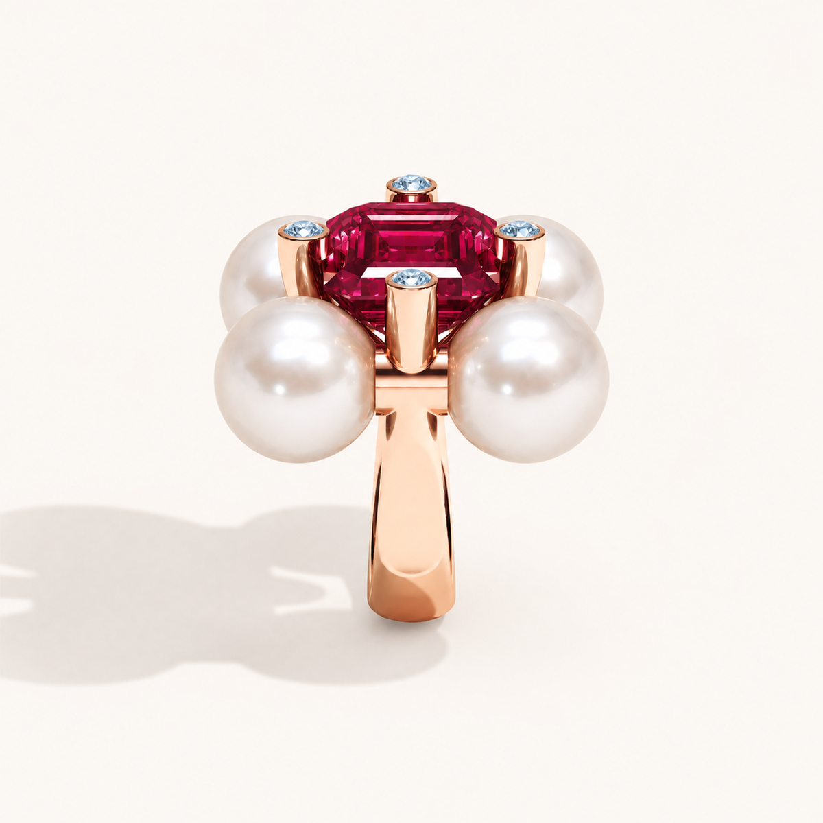 Barbelle rubellite, South Sea pearls and ice-blue diamonds — side view