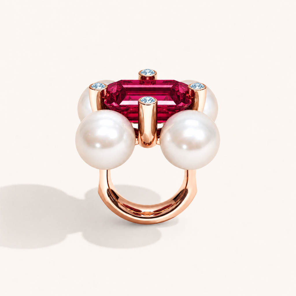 Barbelle rubellite, South Sea pearls and ice-blue diamonds — profile view