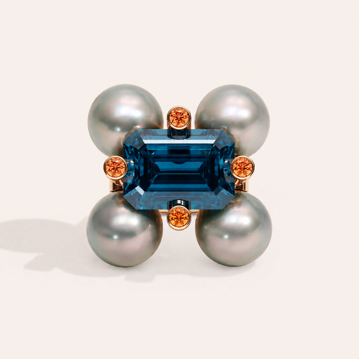 Barbelle Centerstone Ring London Blue Topaz & Tahitian Pearls