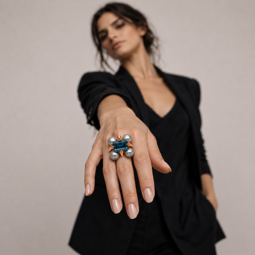 Barbelle London blue topaz, Tahitian pearls and mandarin garnets — worn on hand