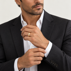 BASTION 5 mm — male model wearing an 18K yellow gold wedding band, AI model illustration