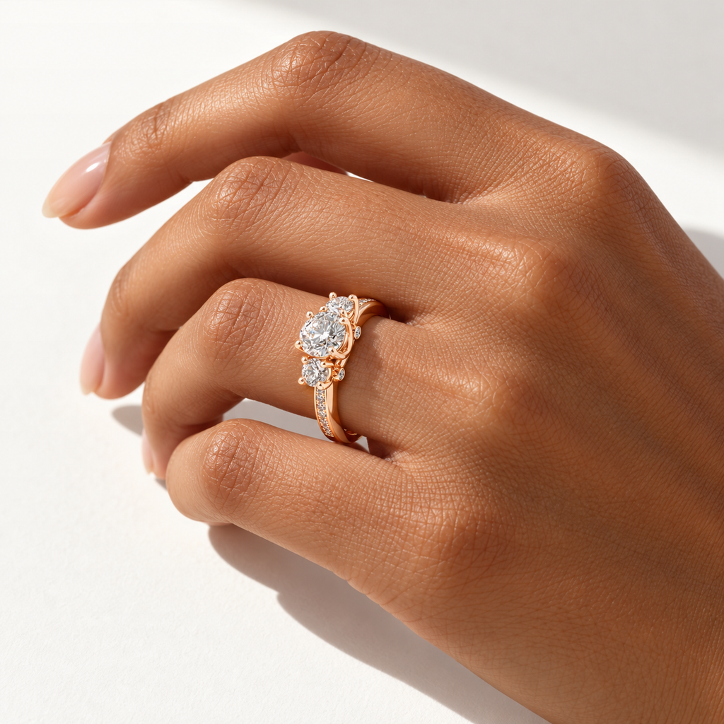 BEATRIX Trilogy Ring in rose gold worn on a hand in directional sunlight
