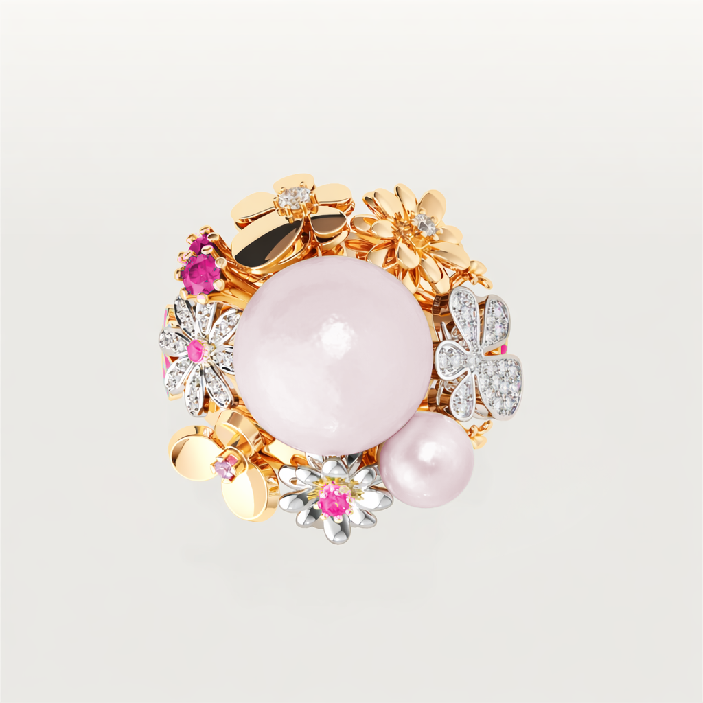 Pink Bouqet — pale pink freshwater pearls, pink sapphires, hot pink side enamel, gold petals and white diamonds