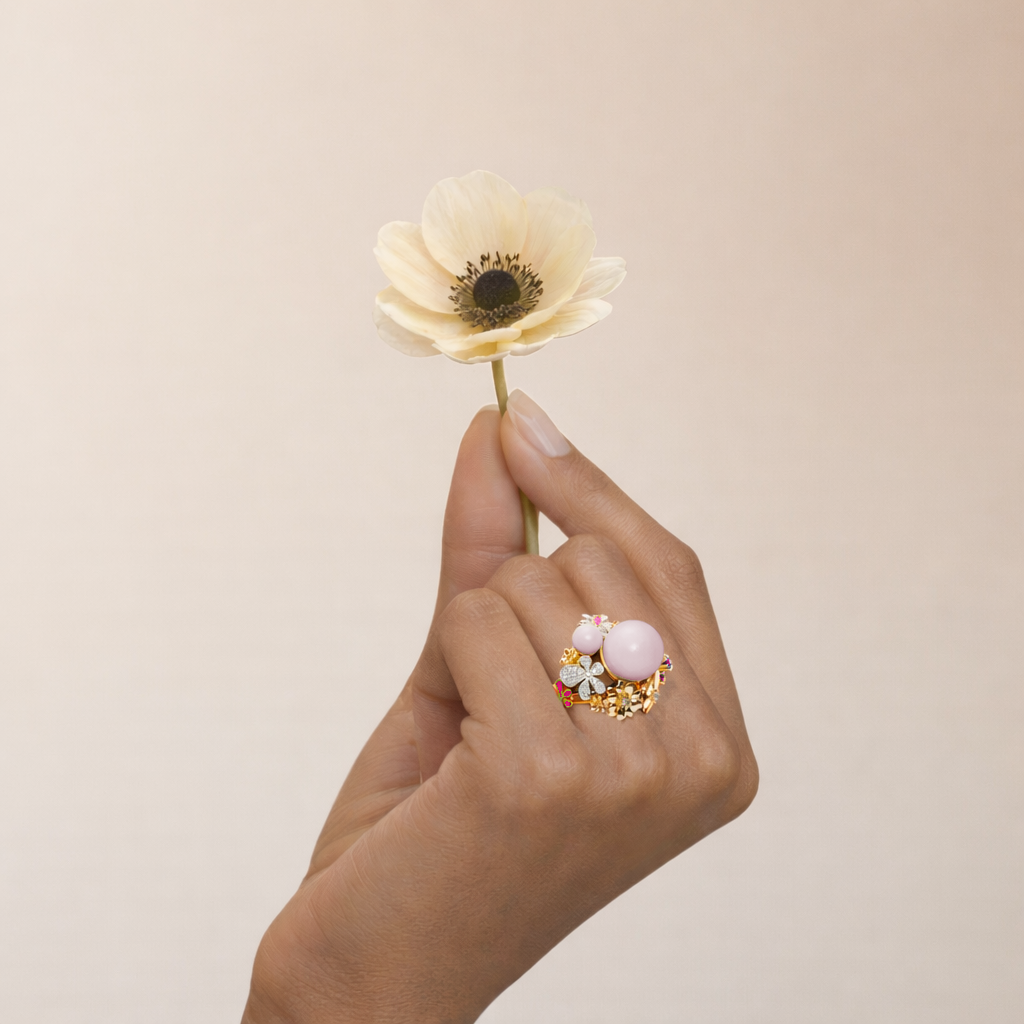 Pink Bouqet — on model — gold flower petals, hot pink side enamel, pale pink freshwater pearls, pink sapphires and white diamonds
