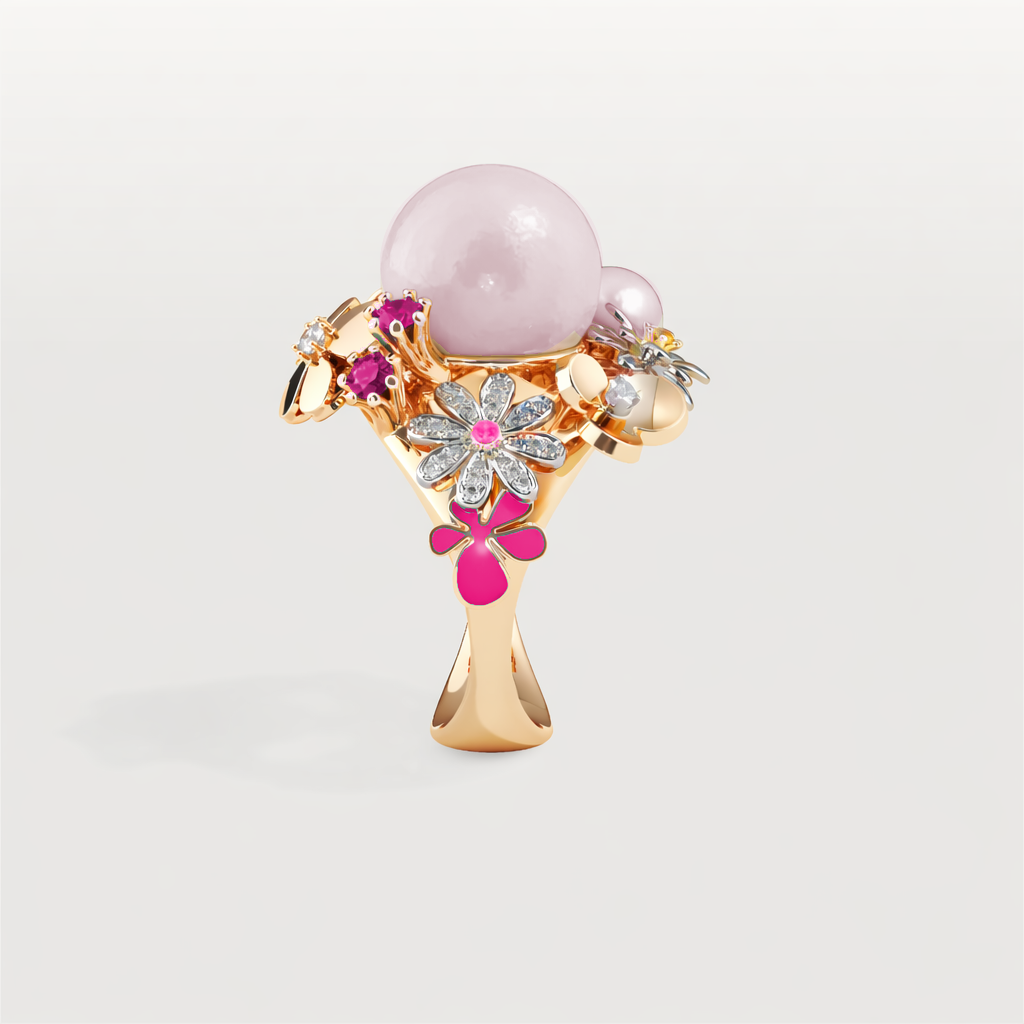 Pink Bouqet — view 2 — gold flower petals, hot pink side enamel, pale pink freshwater pearls, pink sapphires and white diamonds