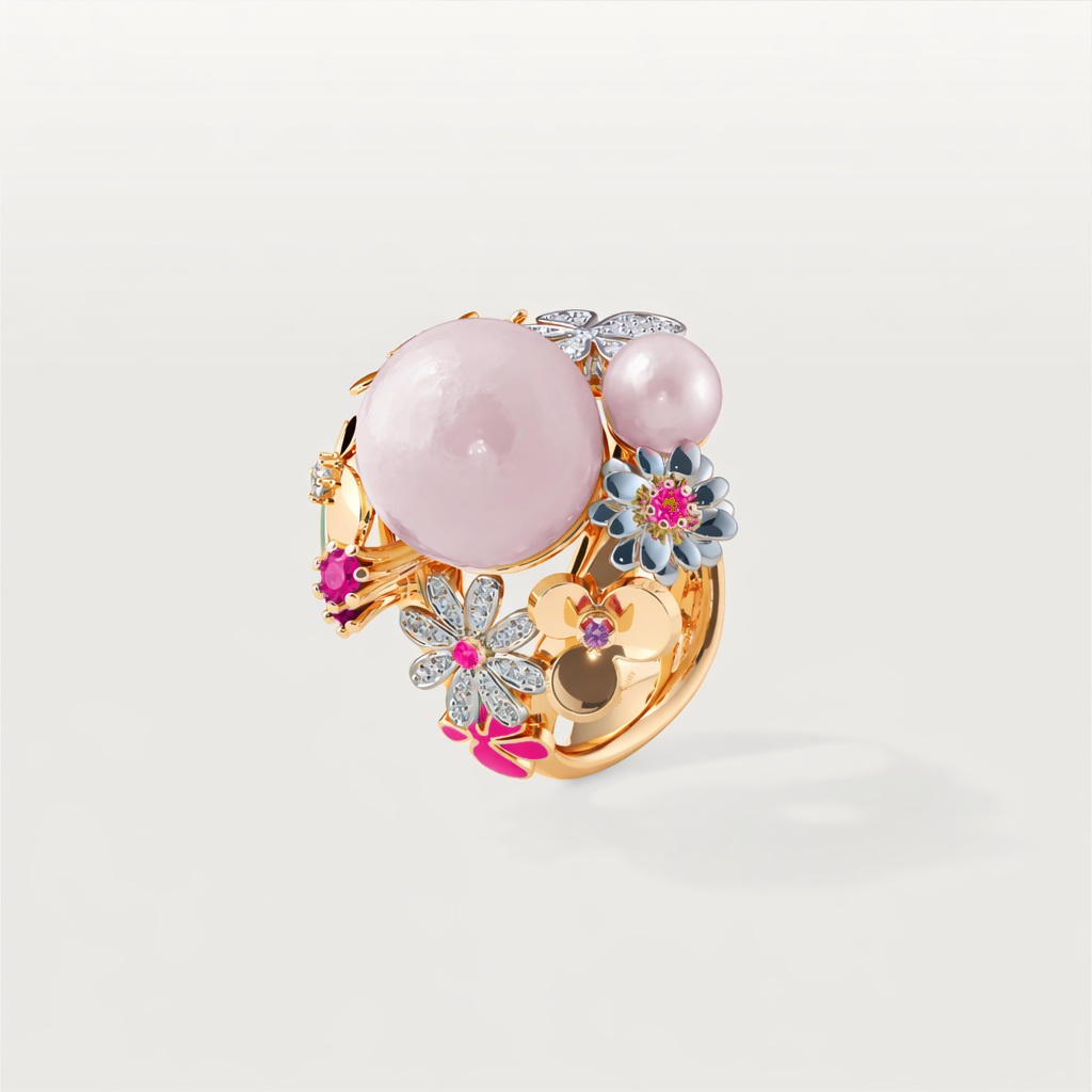 Pink Bouqet — view 3 — gold flower petals, hot pink side enamel, pale pink freshwater pearls, pink sapphires and white diamonds