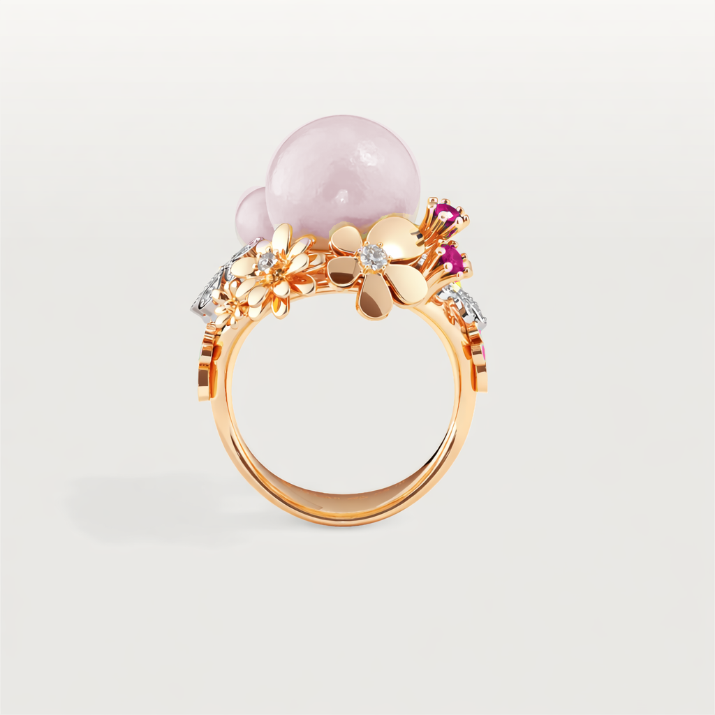 Pink Bouqet — view 4 — gold flower petals, hot pink side enamel, pale pink freshwater pearls, pink sapphires and white diamonds