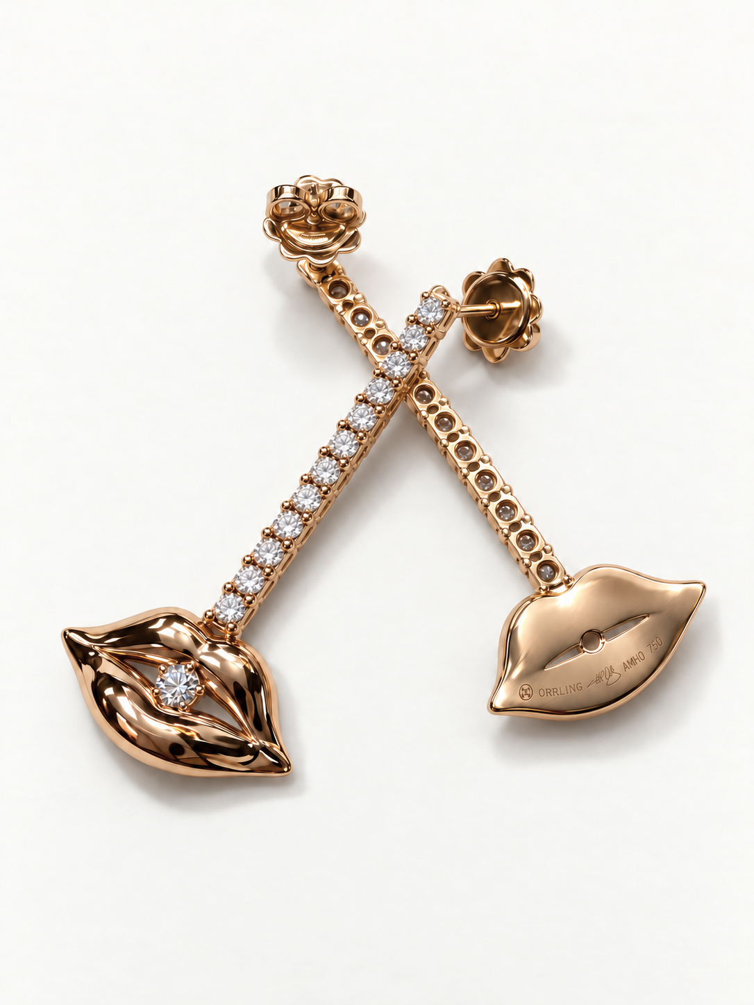 Grand Diamond Bite Chandelier – rose gold pair, front and reverse with hallmarks