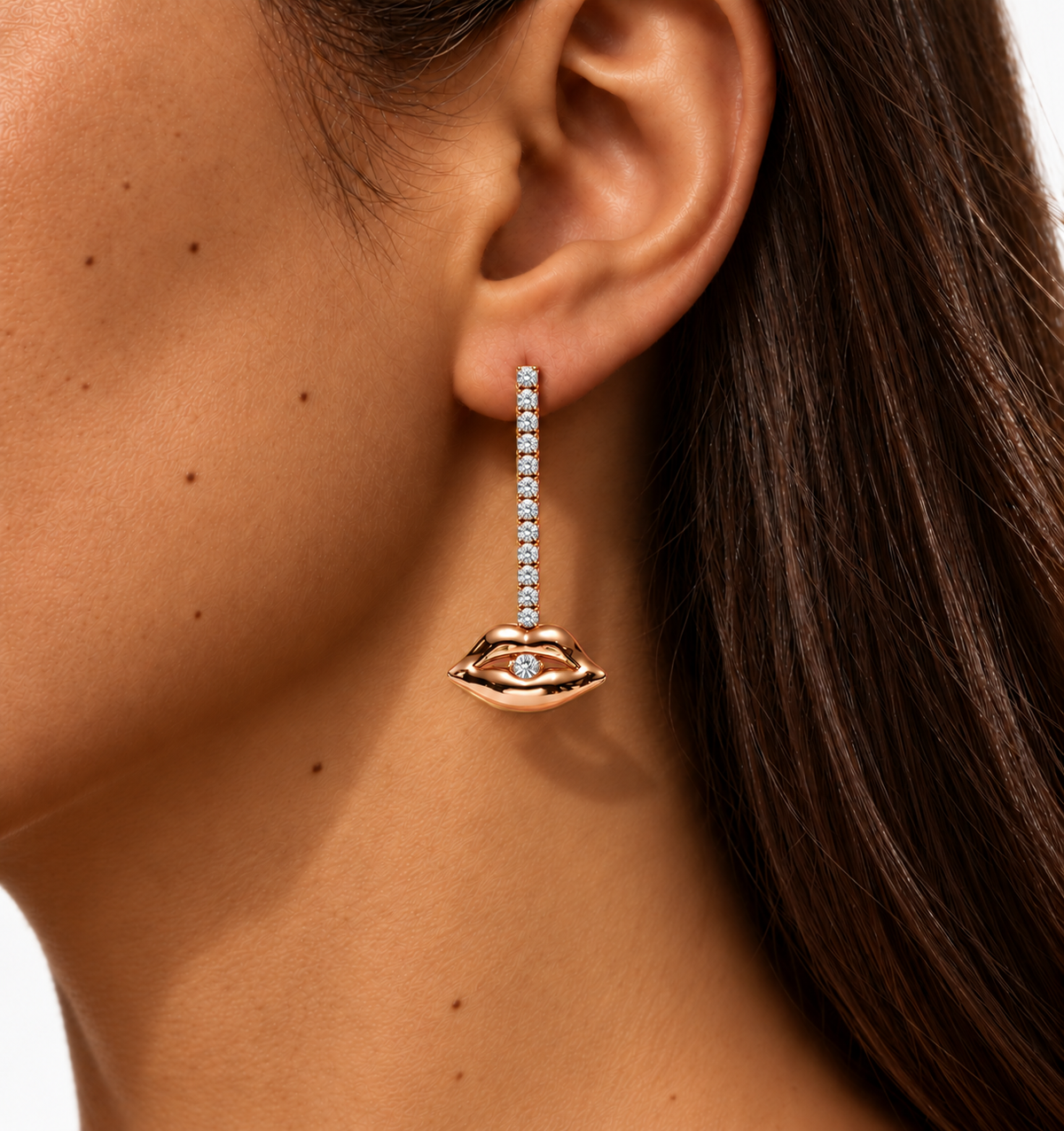 Grand Diamond Bite Chandelier – rose gold, worn on ear