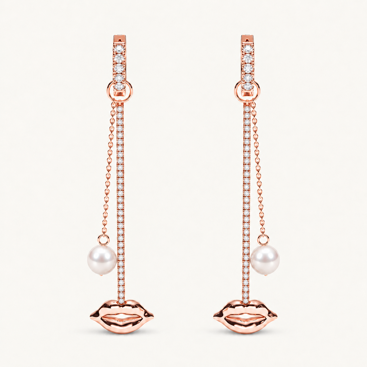 Just Lips Pearl Diamond Chandeliers in rose gold with white diamonds and white Akoya pearls — view 1