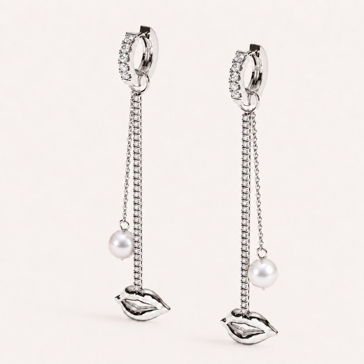 Just Lips Pearl Diamond Chandeliers in white gold with white diamonds and white Akoya pearls — view 3