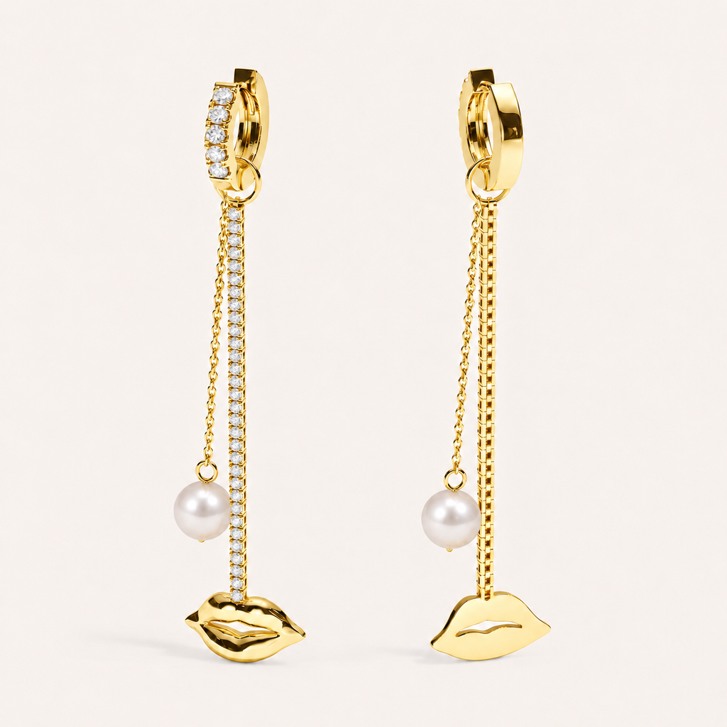 Just Lips Pearl Diamond Chandeliers in yellow gold with white diamonds and white Akoya pearls — view 2
