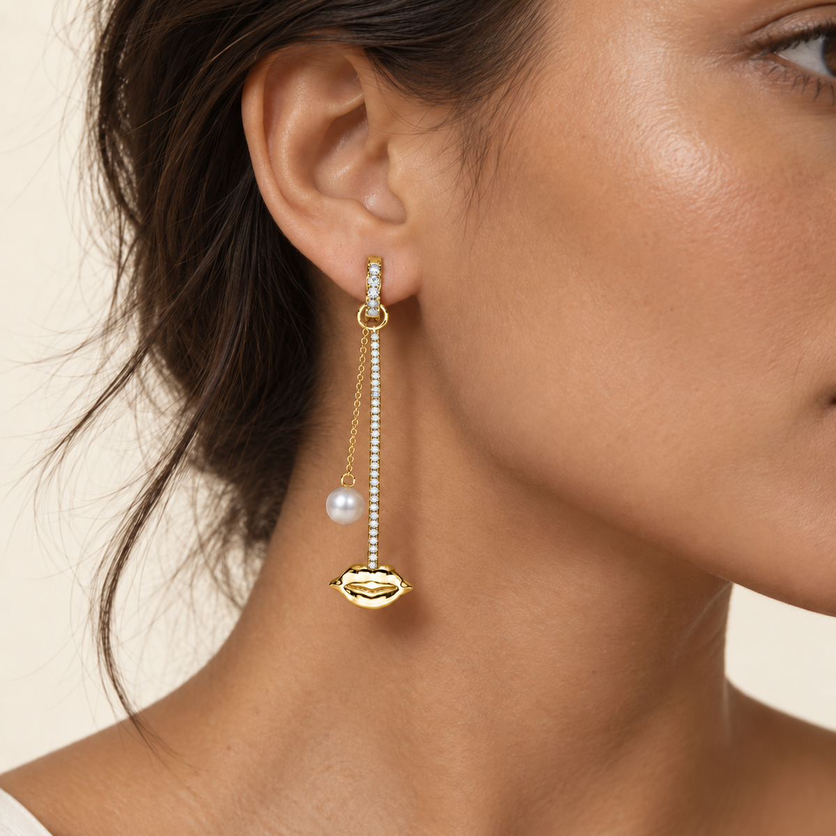 Just Lips Pearl Diamond Chandeliers in yellow gold with white diamonds and white Akoya pearls — worn on ear