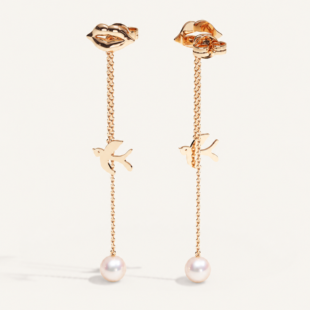V-Zone Little Nomad Chain Ear Pendants — Akoya pearls, front and rear view
