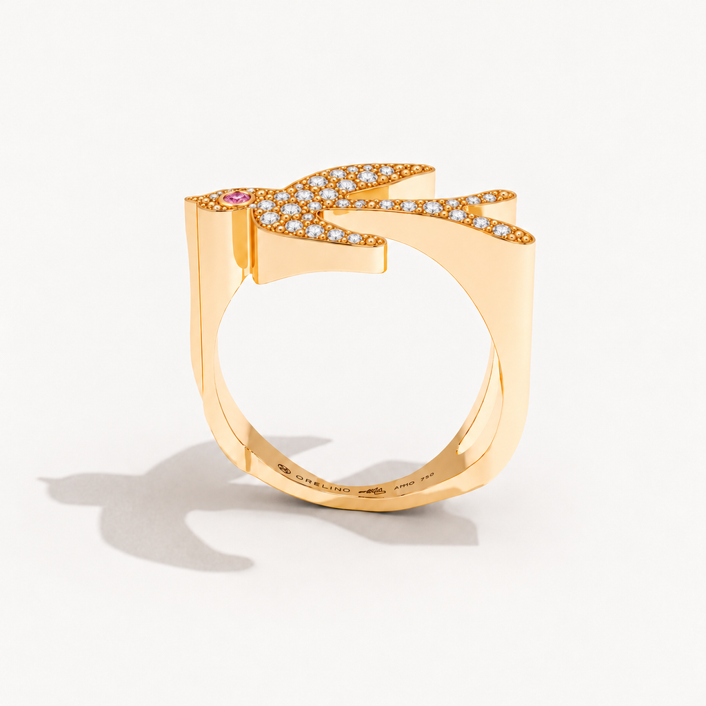 Little Nomad Pavé Ring with diamonds, gold grains and pink sapphire — side