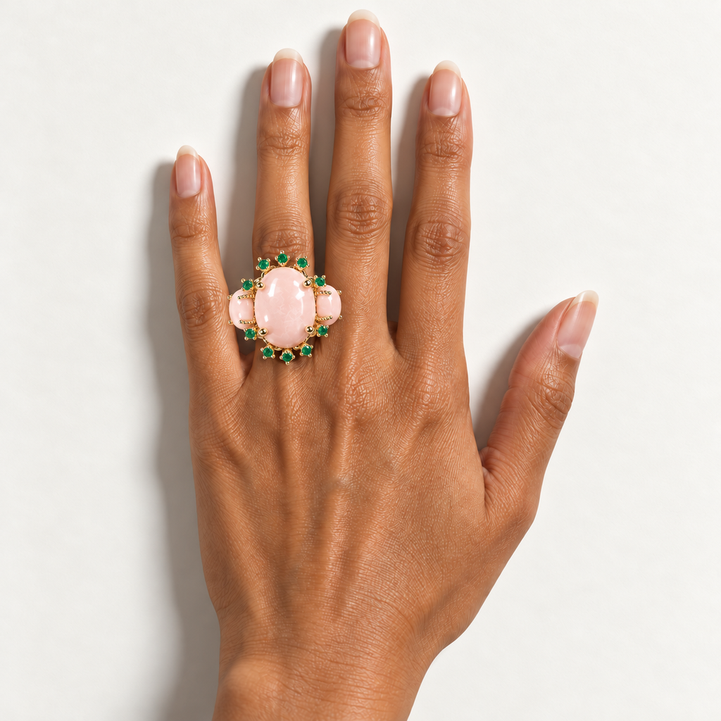 Molecule pink opal and emerald ring — worn on hand