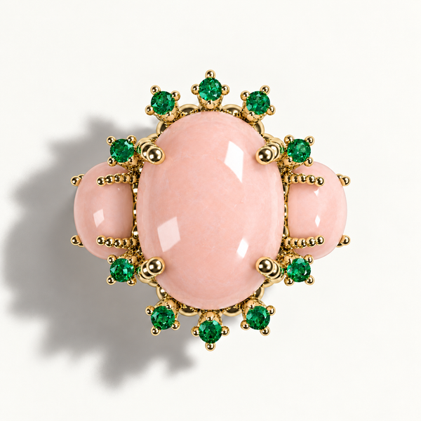 Molecule pink opal and emerald ring — top view