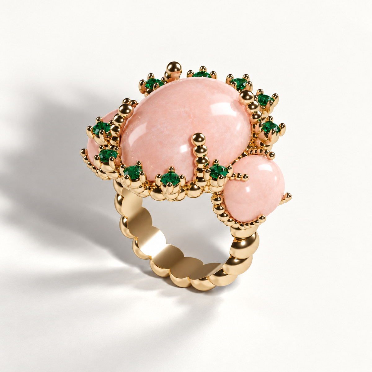 Molecule pink opal and emerald cocktail ring in 18K gold, three-quarter view