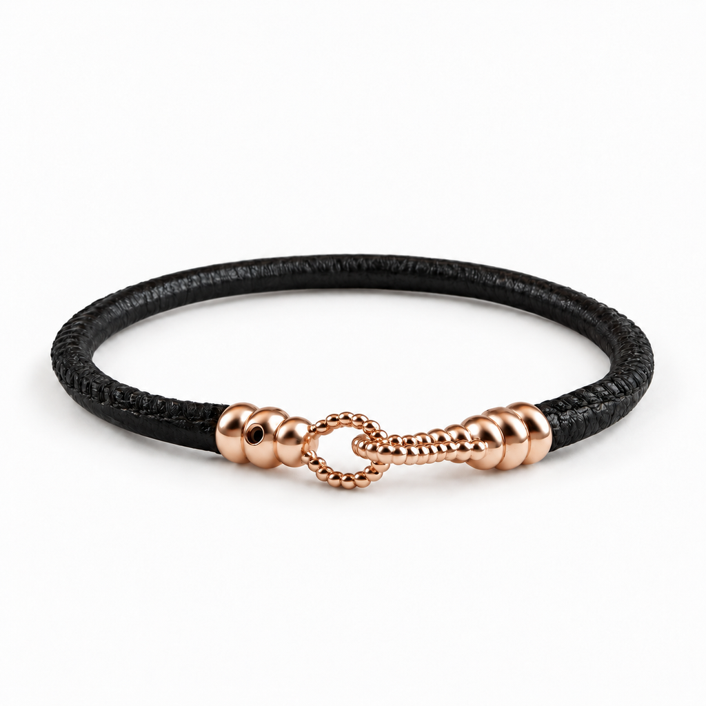Molekule Hook Bracelet in Classic Black European calfskin with 9K rose gold hook, front view