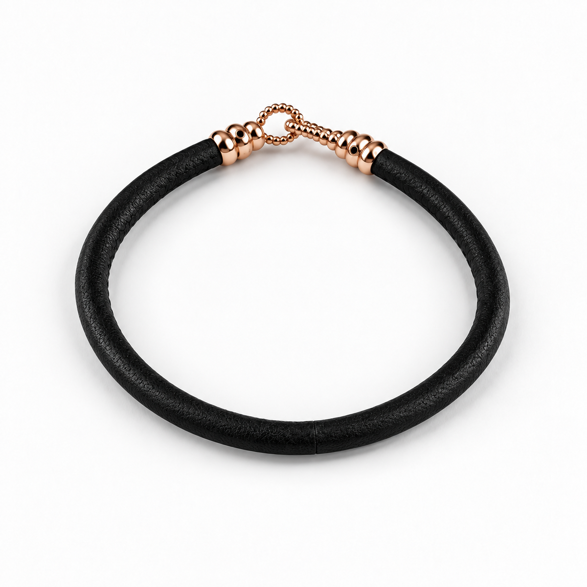 Molekule Hook Bracelet in Classic Black European calfskin with 9K rose gold hook, overhead view