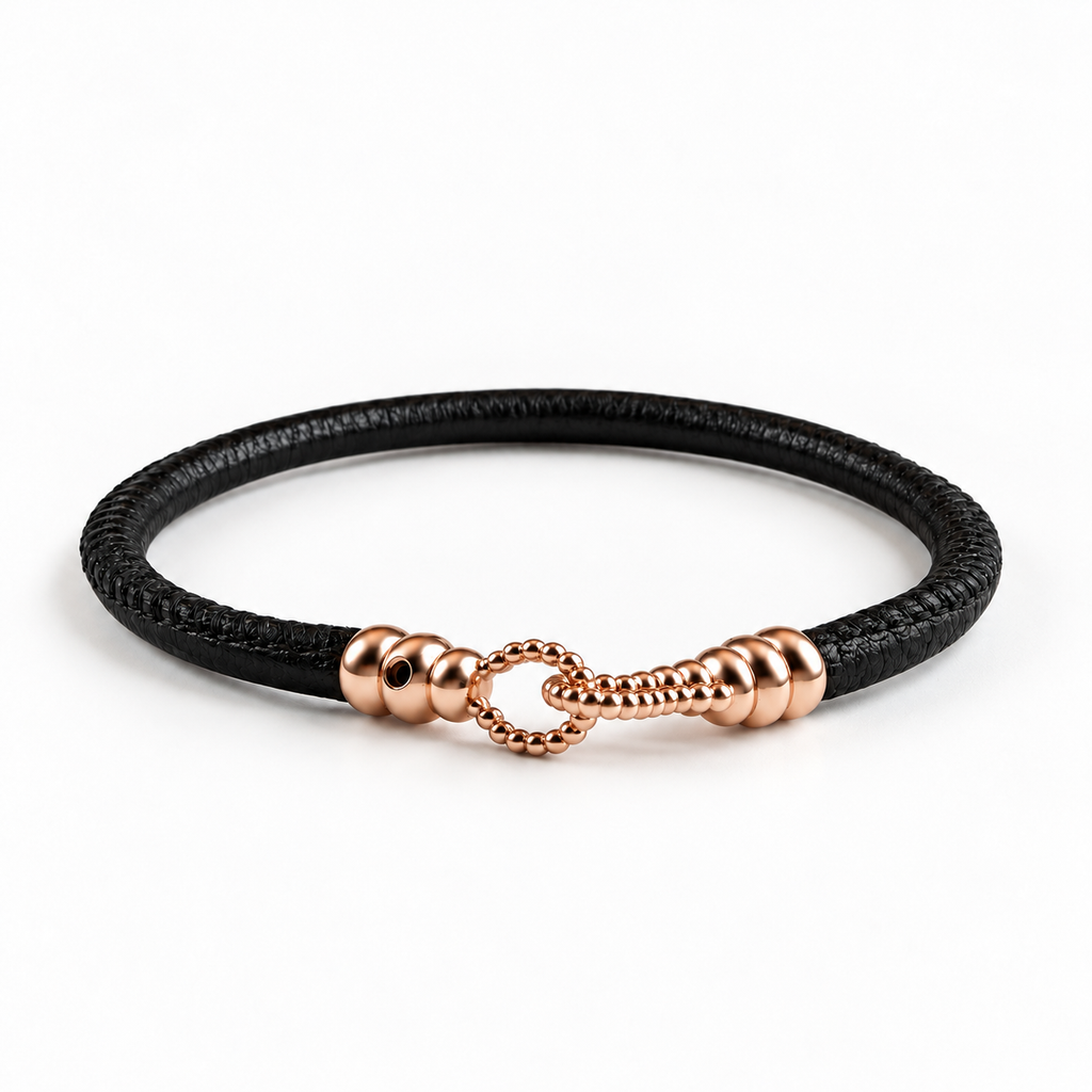 Molekule Hook Bracelet in Classic Black European calfskin with 9K rose gold hook, front view