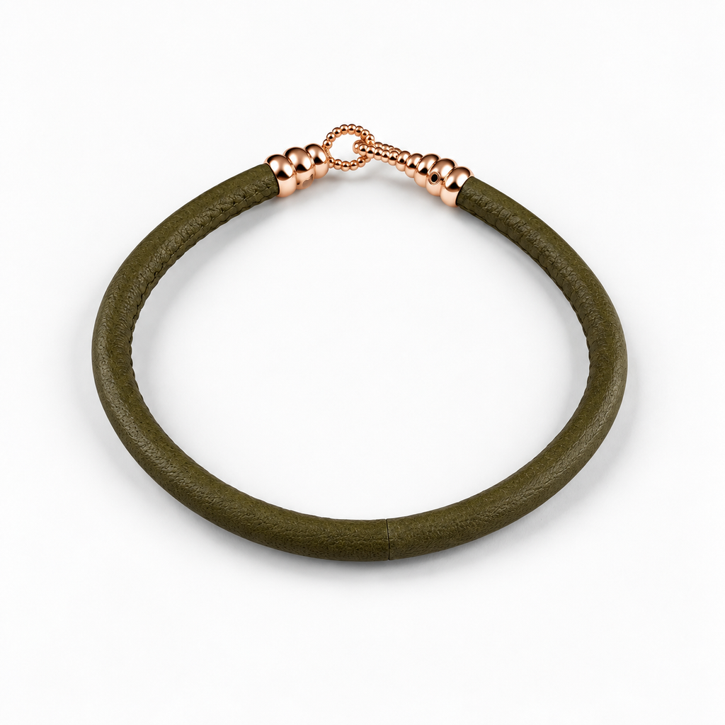 Molekule Hook Bracelet in Olive Green European calfskin with 9K rose gold hook, overhead view