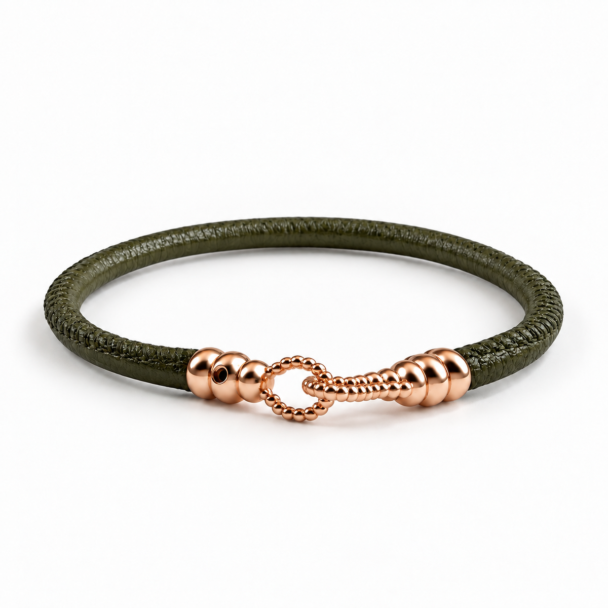 Molekule Hook Bracelet in Olive Green European calfskin with 9K rose gold hook, front view