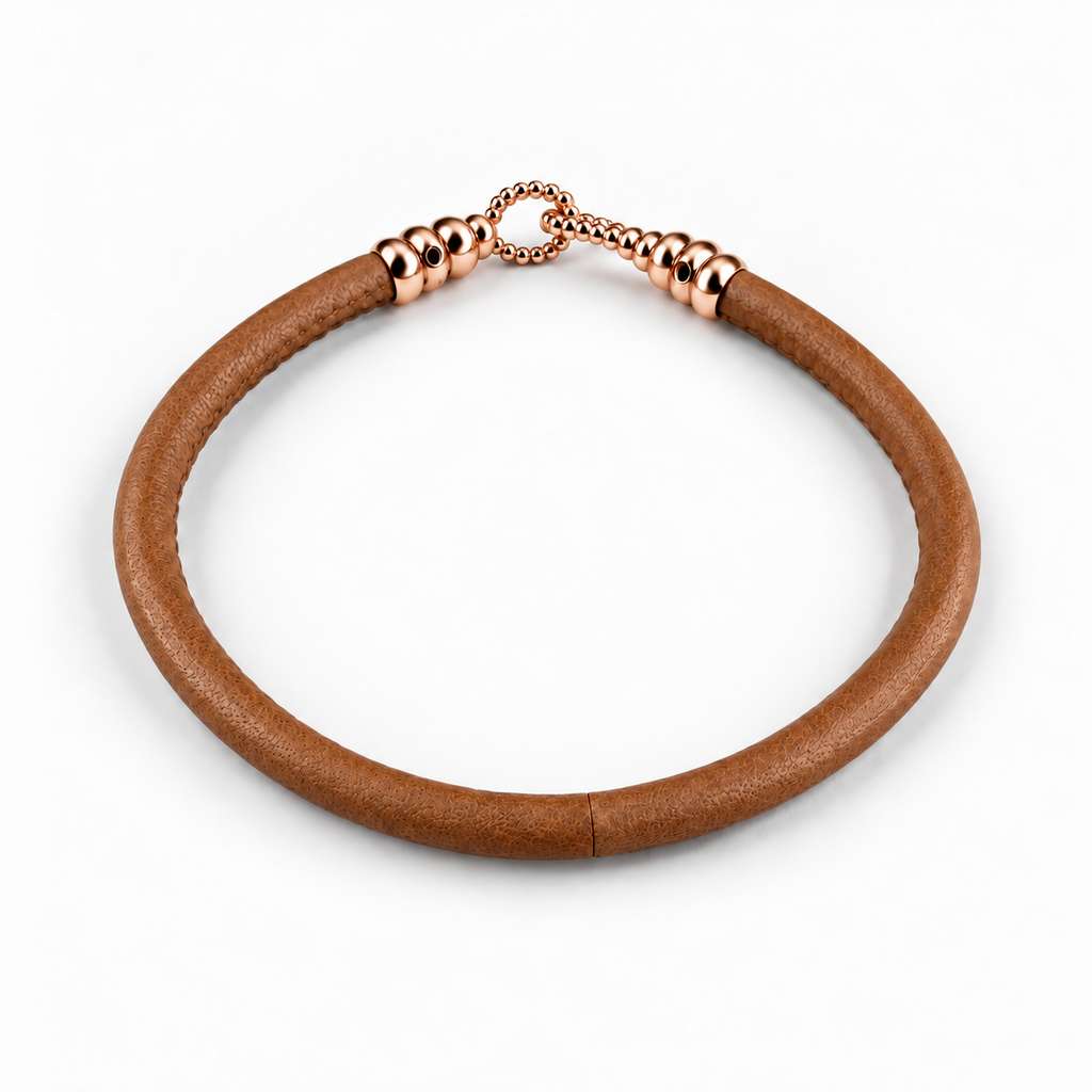 Molekule Hook Bracelet in Tobacco Brown European calfskin with 9K rose gold hook, overhead view