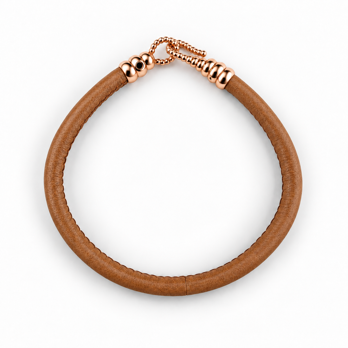 Molekule Hook Bracelet in Tobacco Brown European calfskin with 9K rose gold hook, overhead view