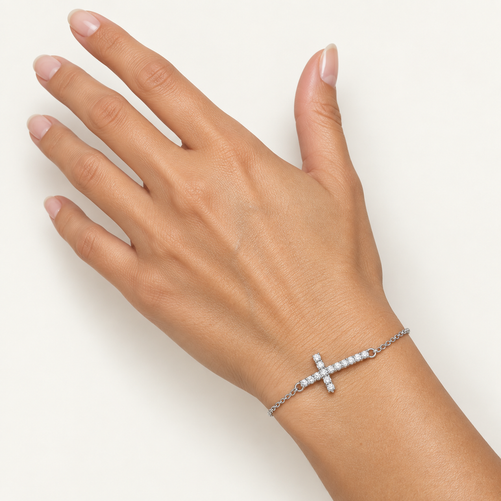 Molekule Mercy diamond bracelet in white gold worn on the wrist