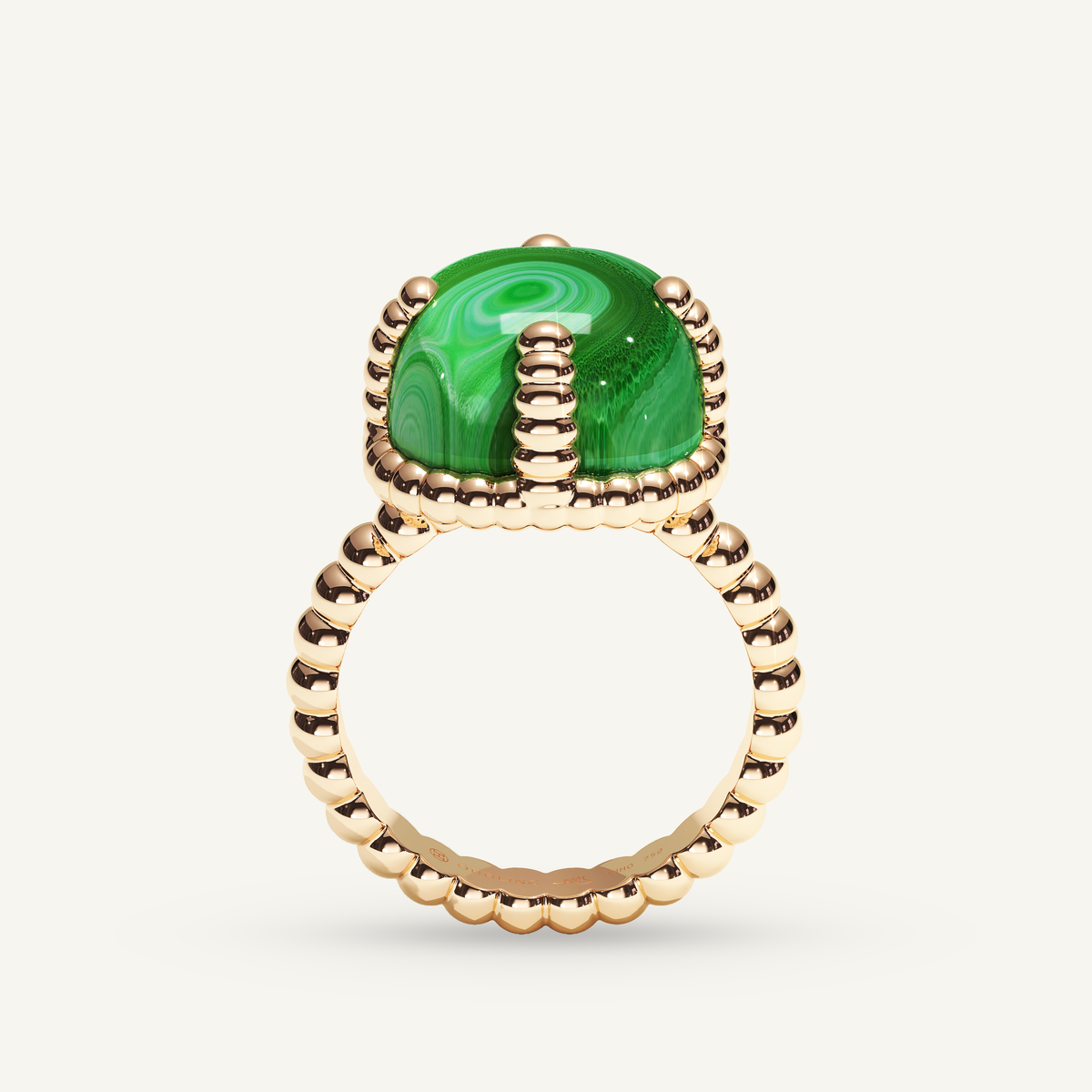Molekules ring in rose gold with cushion-shaped malachite, back view